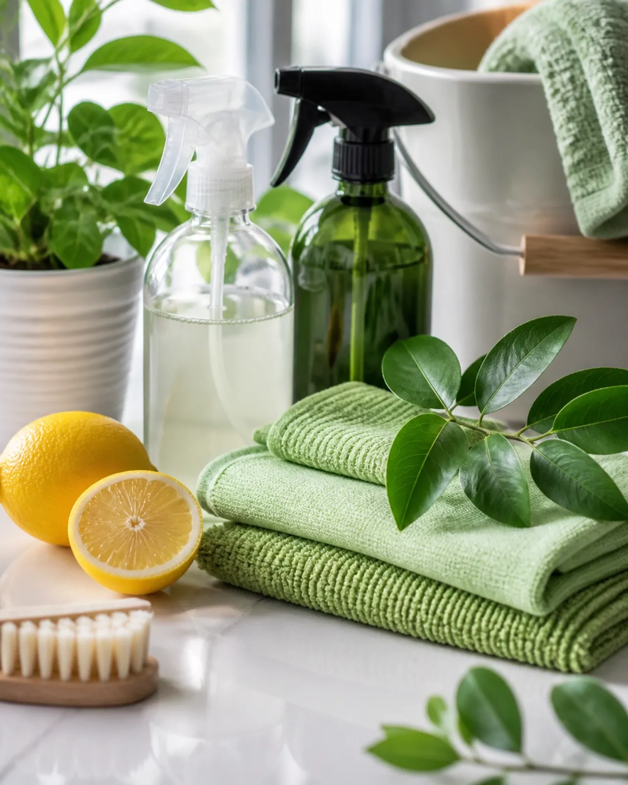 Eco-friendly cleaning supplies with green leaves and lemon